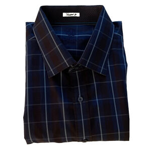 Bugatchi Uomo Shaped Fit Men's Dress Shirt 18 1/2-33 Navy-Black&Blue Plaid A+